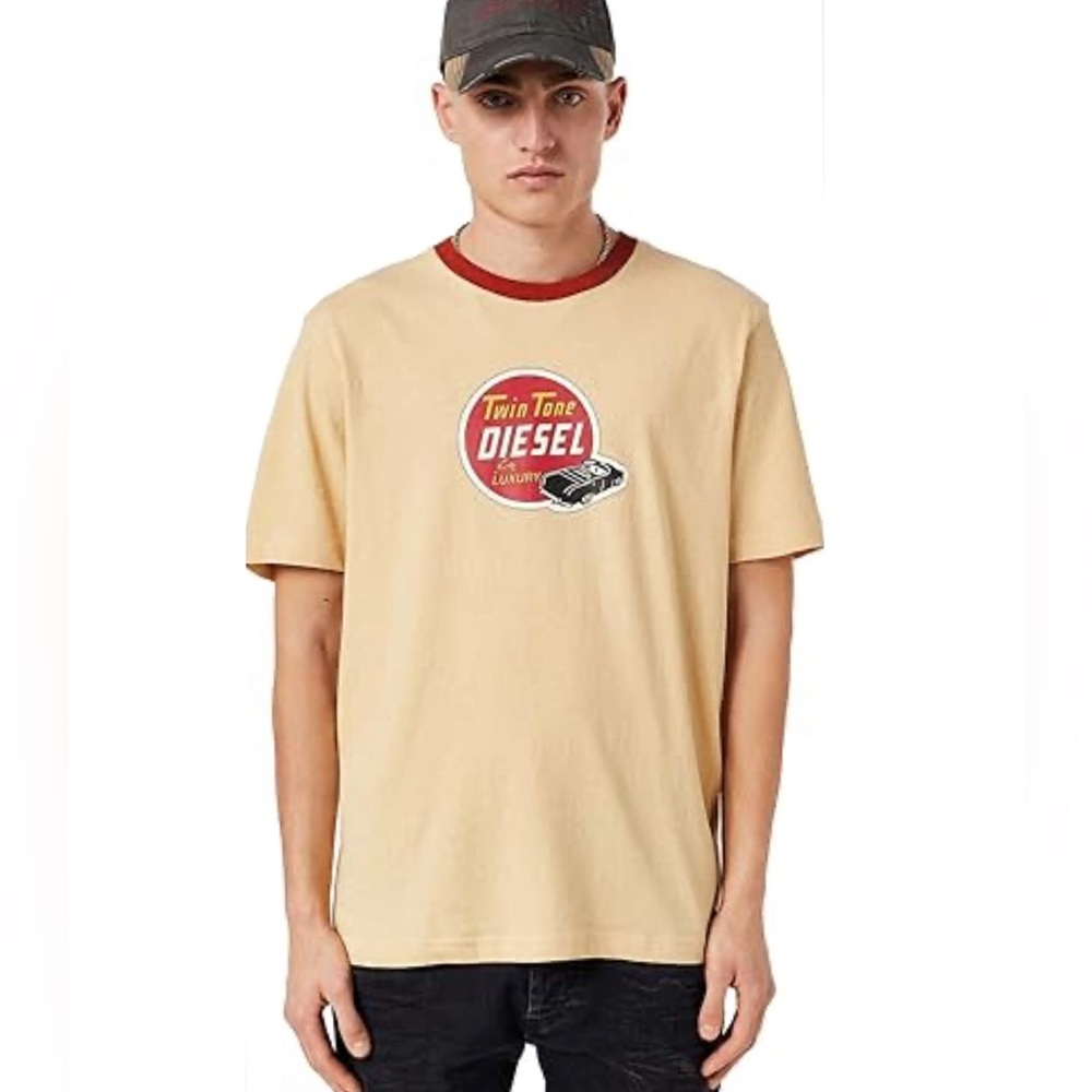 Diesel T-Just-C12 Retro Automotive Beige Short Sleeve Shirt